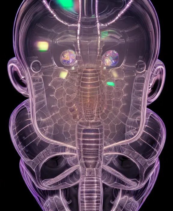 Image similar to intricate opulent transparent clear see - through portrait of handsome masculine isopod man, fractal, neon lights, circuitry, dense machinery environment, ultra realistic, concept art, pop art, photorealistic, octane render, 8 k, unreal engine. art by nori inoguchi and sam kaplan and zachary goulko and christopher marley and artgerm and alphonse mucha