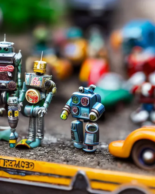 Image similar to high quality presentation photo of a a detailed miniature diorama of retro toy robots invading a detailed model of a 1950s town, photography 4k, f1.8 anamorphic, bokeh, 4k, Canon, Nikon