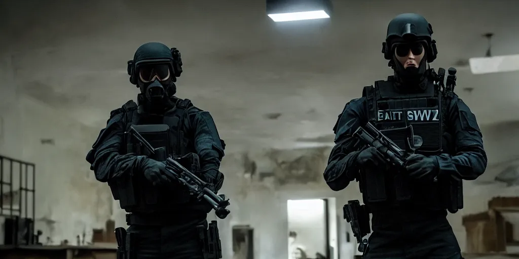 Image similar to vfx film, swat team squad crew, breach and clear, gang house, flat color profile low - key lighting award winning photography arri alexa cinematography, cinematic beautiful natural skin, famous face, atmospheric cool color - grade