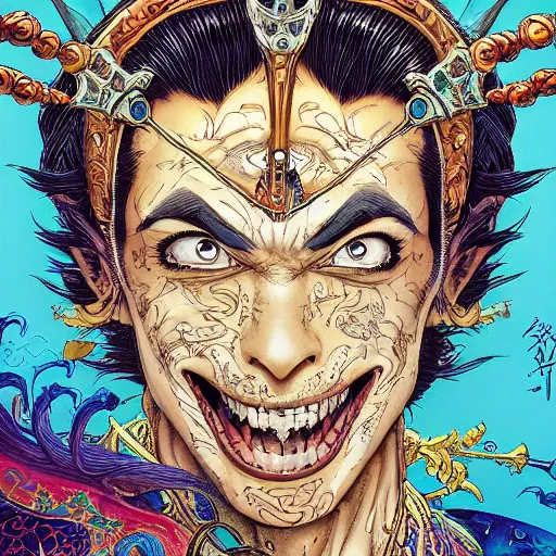 Image similar to portrait of crazy aladdin, symmetrical, by yoichi hatakenaka, masamune shirow, josan gonzales and dan mumford, ayami kojima, takato yamamoto, barclay shaw, karol bak, yukito kishiro