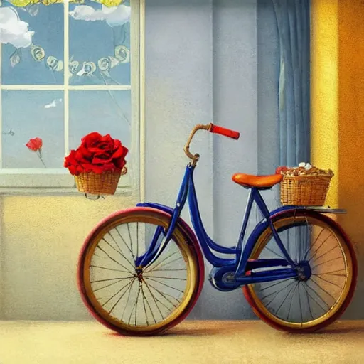 Image similar to a beautiful storybook painting of a vintage yellow Schwinn bicycle with a basket of red roses on the front propped up against a blue wall, anime style by Grzegorz greg rutkowski and Studio Ghibli, nostalgic heart-warming, trending on artstation hq