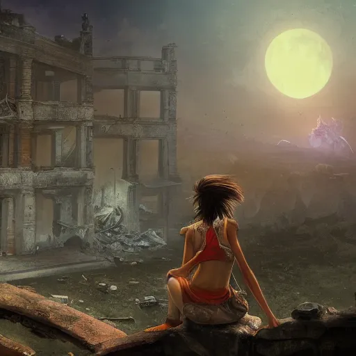 Prompt: A beautiful picture of a suicidal girl against the background of ruins of a destroyed city and a yellow -red moon, artstation, extremely detailed, stunning volumetric lighting, atmosphere, hyper realism, fantasy 4k