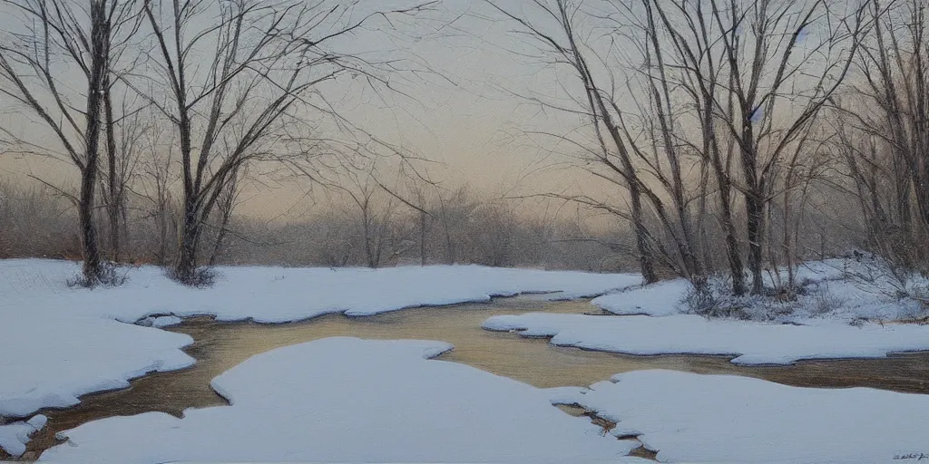 Prompt: little river, end of afternoon, winter, snow, countryside, peter sculthorpe, painting, artstation