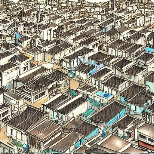 Image similar to japanese fishing town, japanese city, underground city, modern city, tokyo - esque town, 2 0 0 1 anime, cel - shading, compact buildings, sepia sunshine