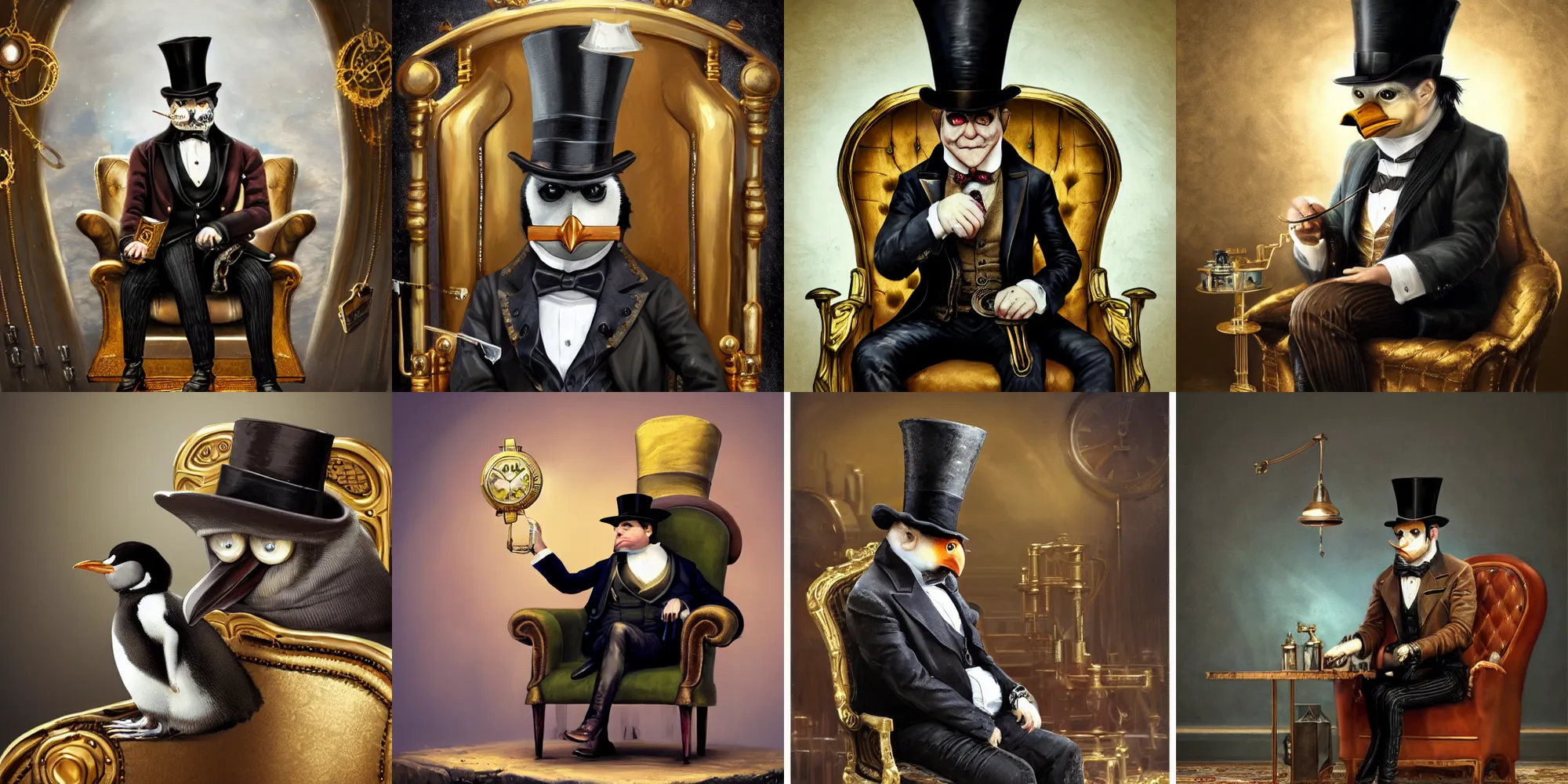 Prompt: oil painting of grumpy rich steampunk penguin, sitting in fancy chair, wearing top hat, holding gold watch, steampunk factory background, sharp focus, fantasy style, octane render, volumetric lighting, 8k high definition, by greg rutkowski, highly detailed, trending on art Station, magic the gathering artwork, centered, deviantart, digital art, intricate, 4k UHD image