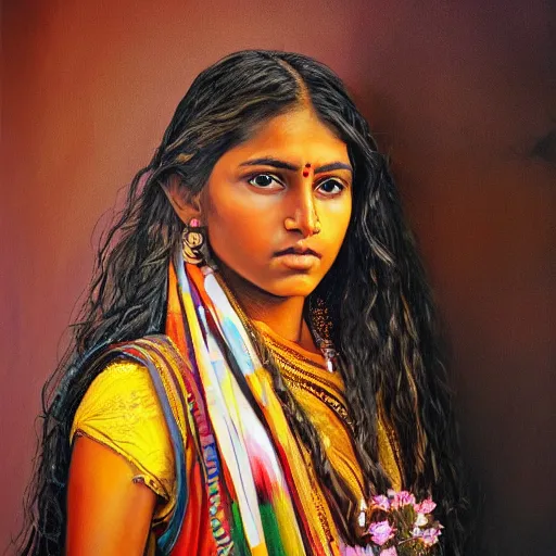 Image similar to stunning, breathtaking, awe - inspiring award - winning concept art portrait painting by steve mccurry of a beautiful young hindu woman warrior with short, wavy hair, wearing a colorful sari