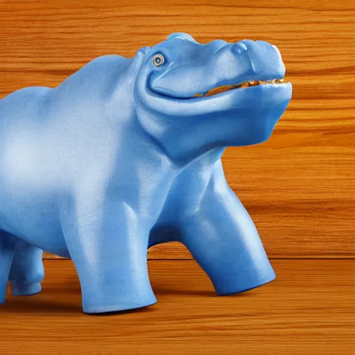 Prompt: a museum - quality wood and ceramic hippopotamus made of polished wood with a bright blue ceramic hippopotamus head, hd photograph, matte gray background