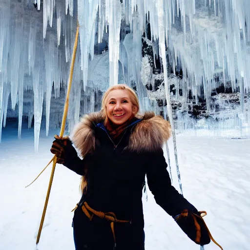 Prompt: happy blonde girl in beautiful ice cavern with icicles hanging down