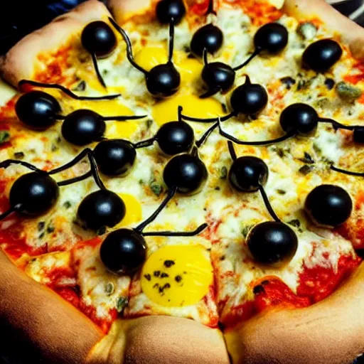 Prompt: a close up shot of a new york style pizza with a nest of yellow and black wasps on top, extremely realistic, very crisp details, photo realistic, trending on instagram, soft colors