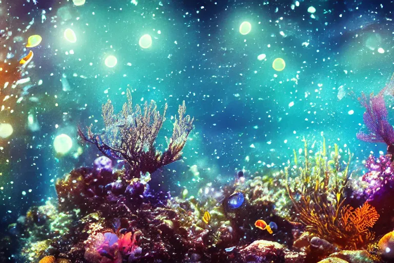 Prompt: double exposure priestess underwater reef sparkling bokeh, in the style of makoto shinkai and leiji matsumoto