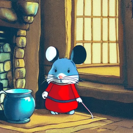 Prompt: studio ghibli mouse dressed in medieval clothing sitting is a big blue armchair, warm lighting, sitting by a small fireplace