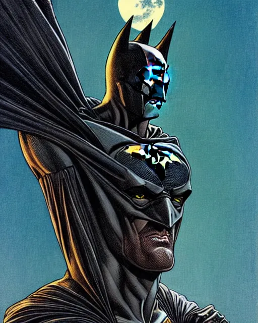 Image similar to batman, character portrait, portrait, close up, concept art, intricate details, highly detailed, vintage sci - fi poster, retro future, vintage sci - fi art, in the style of chris foss, rodger dean, moebius, michael whelan, and gustave dore