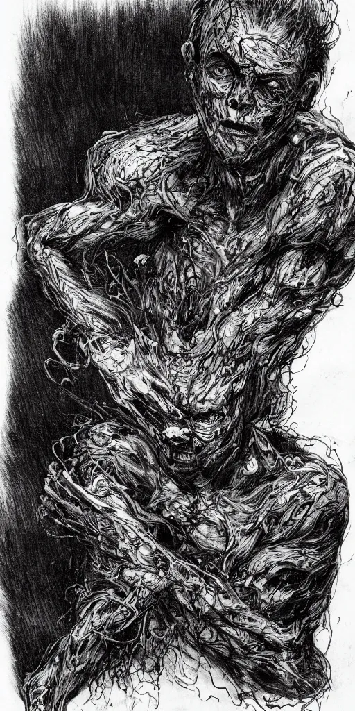 Image similar to concept art of a man with his body covered in burns, with black smoke coming out of his hands, full body, dark colors, sinister atmosphere, dramatic lighting, cinematic, establishing shot, extremely high detail, photo realistic, cinematic lighting, pen and ink, intricate line drawings, by Yoshitaka Amano, Ruan Jia, Kentaro Miura, Artgerm, post processed, concept art, artstation, matte painting, style by eddie mendoza, raphael lacoste, alex ross,