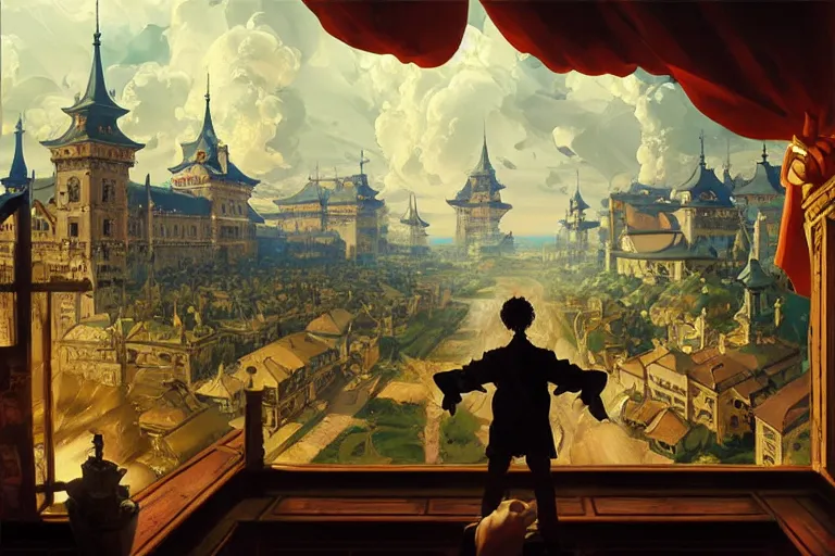 Image similar to baroque oil painting of anime key visual concept art of king addressing nation from balcony as artillery rains down from above, golden rays, fantasy european castle, trending on artstation, palette knife and brush strokes, oil on canvas, style of makoto shinkai greg rutkowski studio ghibli genshin impact