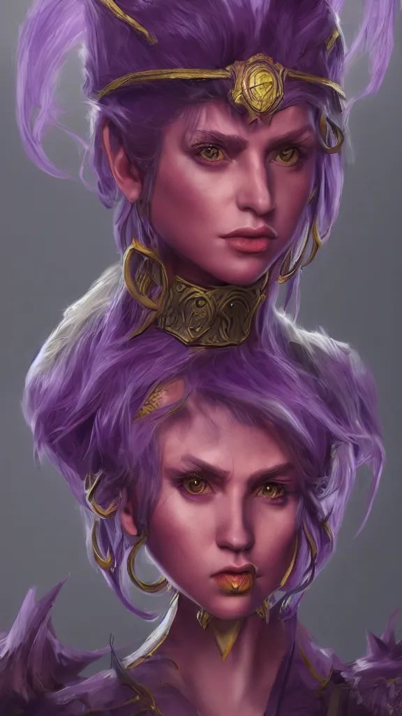 Prompt: a 3 d render of a fantasy portrait of a character, purple - tinted with a hint of yellow, wide - angle, high contrast, highly detailed, sharp focus, digital painting, 3 d art, illustration, trending on artstation,