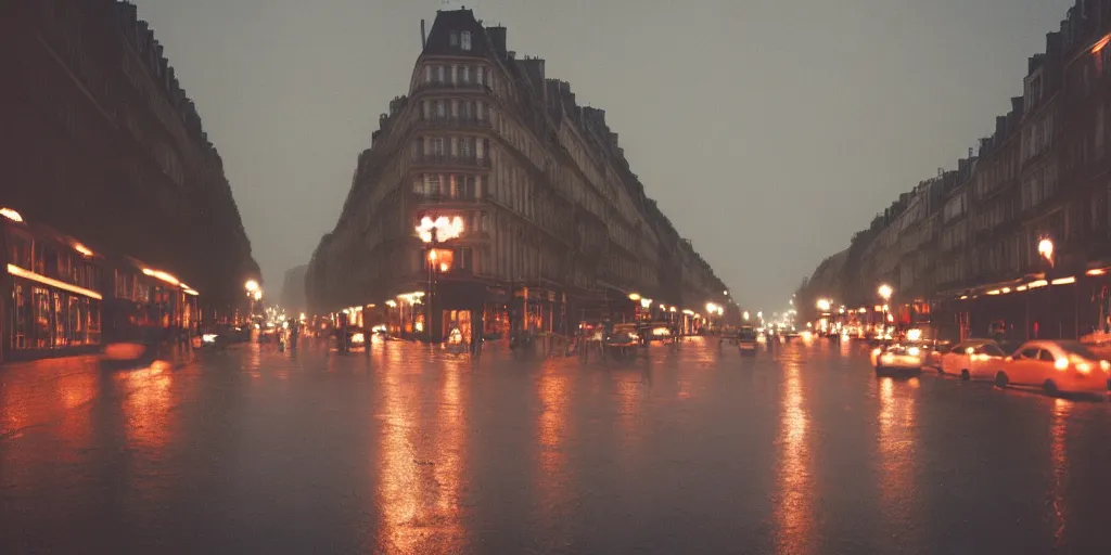 Prompt: street of paris photography, night, rain, mist, cinestill 8 0 0 t, in the style of william eggleston