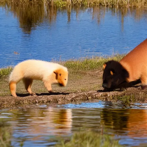 Prompt: cute picture of two puppies standing by a lake leaning on a capybara, 4 k - hd photo