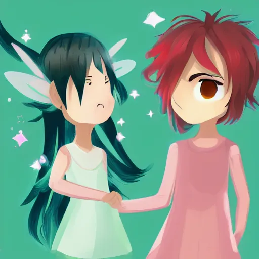 Image similar to magical small female and male fairies 🧚‍♂️ 🧚‍♀️ glowing effect as adorable anime style, young ,clear clean face,2D ,painter's style, gouache illustration, high contrast,cute, kawaii, chibi,golden ratio , rule of thirds,-H 768