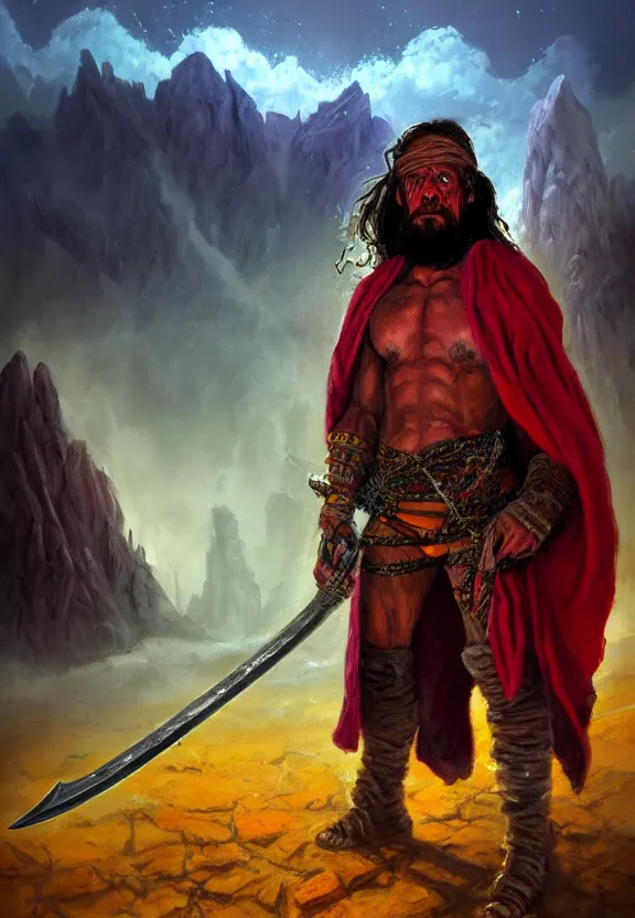 Prompt: a solitary randy savage wearing a colourful heavy cloak with an anchor slung over his shoulder alone full body rocky desolate wasteland fire lit | portrait | fantasy impressionist oil painting | middle earth | pathfinder | artstation deviant art | sword and sorcery | pintrest | conan | darksun | d & d dungeons and dragons | barbarian