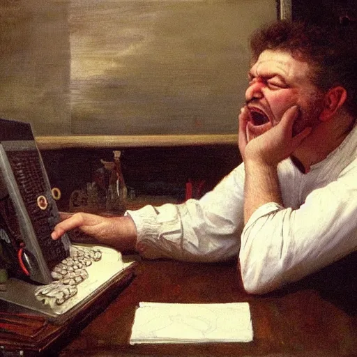 Image similar to an angry man yells at his computer monitor, oil on canvas, 1 8 8 3, highly detailed