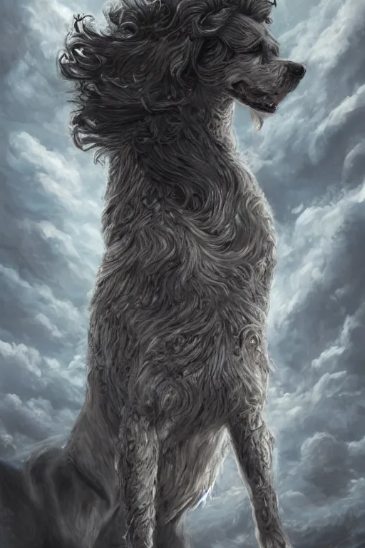 Prompt: Dog as a god, detailed face, gorgeous, amazing, flowing hair, very muscular male body, partial anatomy, stormy background, caesar victorious, proud Emperor, crepuscular ray, intricate, highly detailed, 8K, digital painting, fantasy, artstation, concept art, sharp focus, over-shoulder shot, illustration, art by greg rutkowski beeple and alphonse mucha