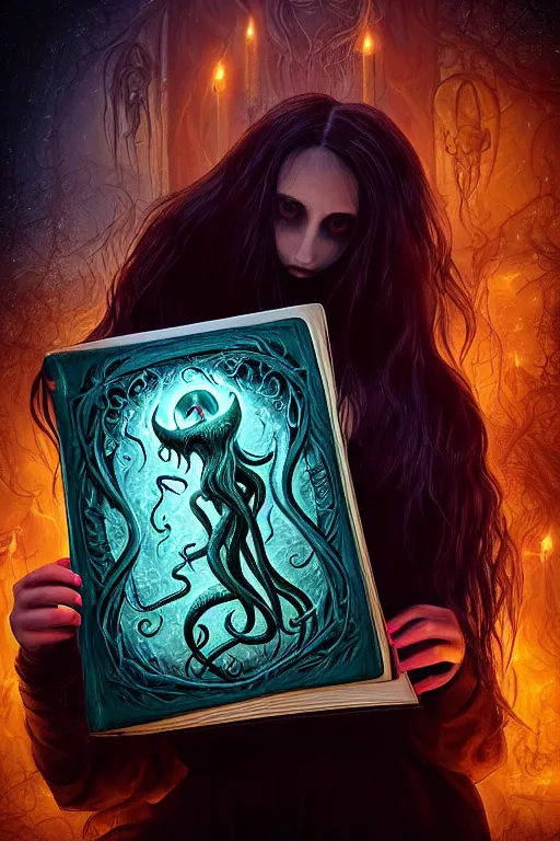 Image similar to romantic photo of bright girl, her cat and her book of necronomicon, symmetrical, cinematic, real dlsr photography, sharp focus, 4 k, ultra hd, sense of awe, sinister demonic atmosphere, dreadful, forbidden knowledge, old gods, cthulhu, yog - sothoth! yah, yah, yah! cultist journal cover