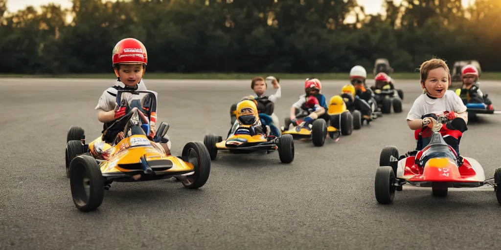 Image similar to photos of toddlers dressed as formula one drivers at a go - kart race, in the style of national geographic, soft focus, golden hour