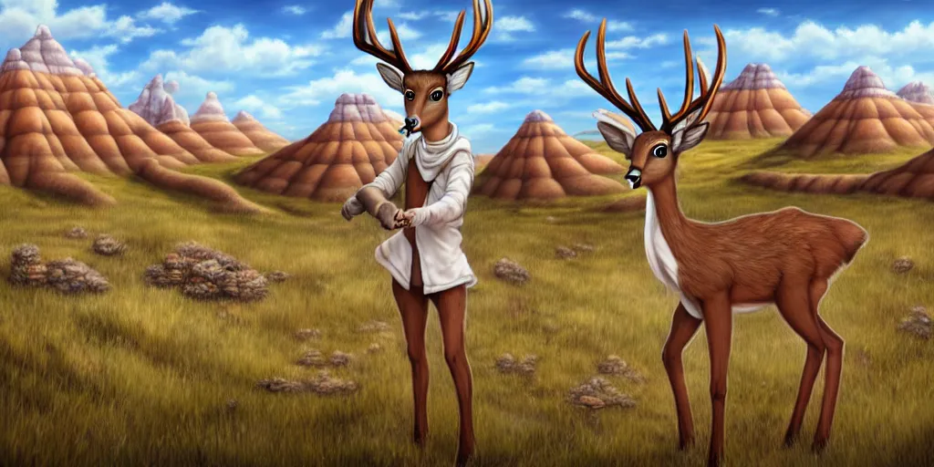 Image similar to a transgender queer lgbt anthropomorphic deer doe is visiting a merchant town of flower huts in the badlands, matte oil painting, salt dunes, rust, retrofutistic, science fantasy, rpg, roguelike, epic, plants