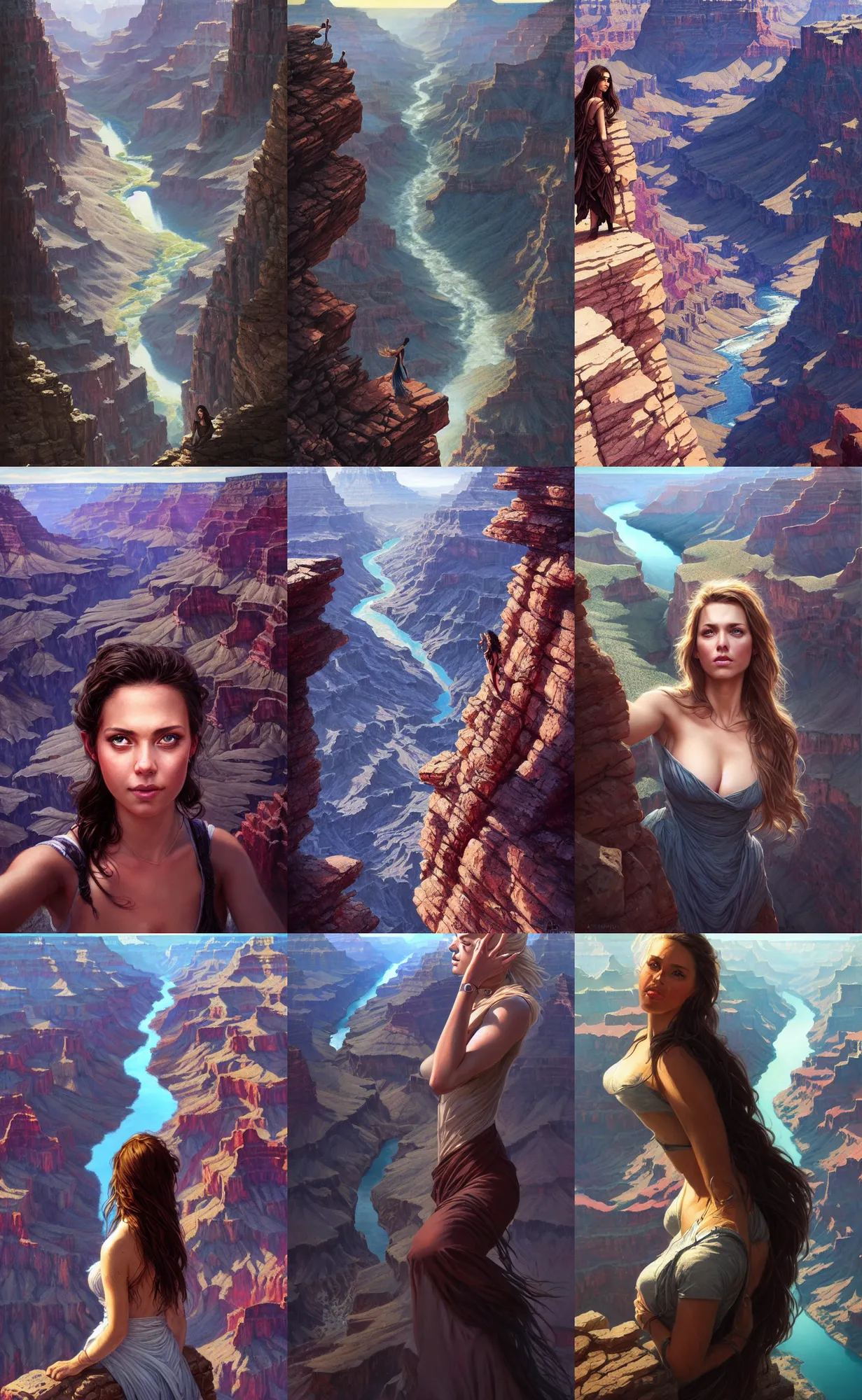 Prompt: closeups high angle selfie of a beautiful woman taken at the rim of the grand canyon, background view looking down in into dark canyon, 2 d digital fantasy art, art by greg rutkowski, art by randy vargas, art by artgerm, art by alex garner, intricately detailed, highly detailed, trending on artstation