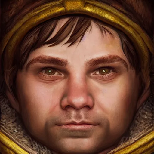 Prompt: realistic portrait of a halfling male, happy, bard, short hair, lute, intricate details, cinematic, photo, fantasy, medieval, trending on artstation, digital art, in the style of wizards of the coast