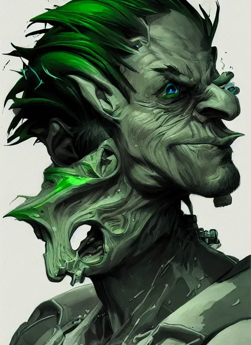 Prompt: portrait of a green skin handsome goblin engineer with gray hair. in style of yoji shinkawa and hyung - tae kim, trending on artstation, dark fantasy, great composition, concept art, highly detailed, dynamic pose, vibrant colours.