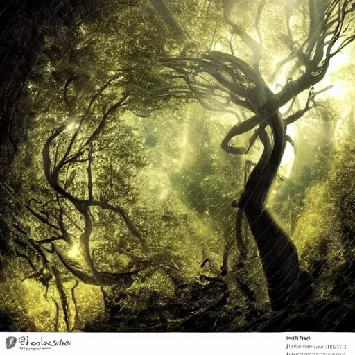 Image similar to spectacular, fantastic, spuky, fabulous tree standing in a thickly vegetated, sombre forest in a fantasy world, dreamlike light incidence, sunraise, ultrarealistic, eerie, onimous