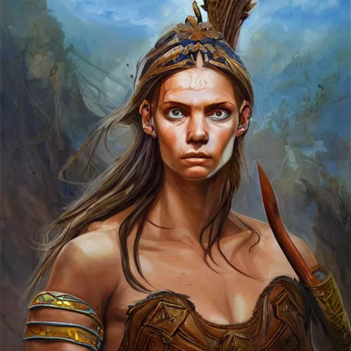 Image similar to highly detailed painting of a warrior goddess with tan skin, blue eyes, and brown hair high fantasy art by jon foster trending on arstation