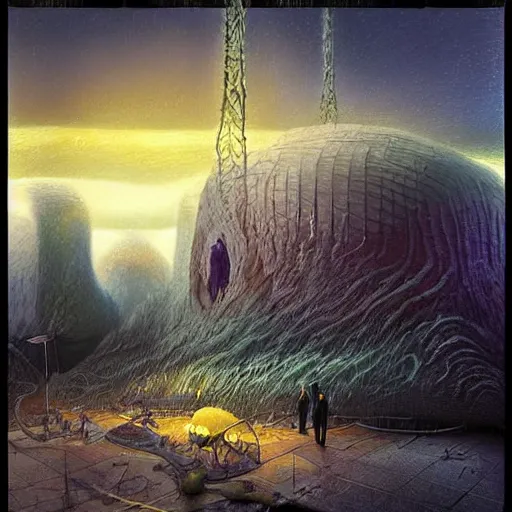 Image similar to artistic digital artwork of a city scene on an alien planet. beautiful landscape by vincent bons, michael whelan, remedios varo and gerardo dottori. grainy and rough. interesting pastel colour palette. beautiful light. oil and water colour based on high quality render.