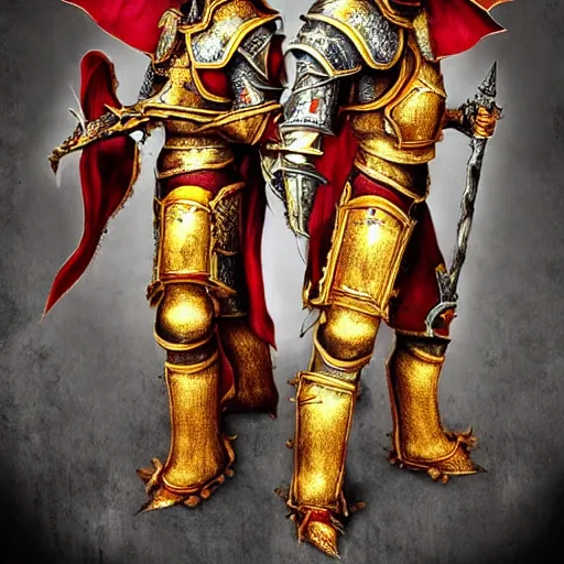 Image similar to double portrait the great death knight dark souls in golden red armor made of polished dragon bones looks relaxed, quantum physics, victorian era