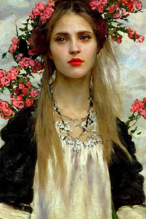 Image similar to close - up fashion black woman portrait airy flowers cloudy sky art by vasnetsov