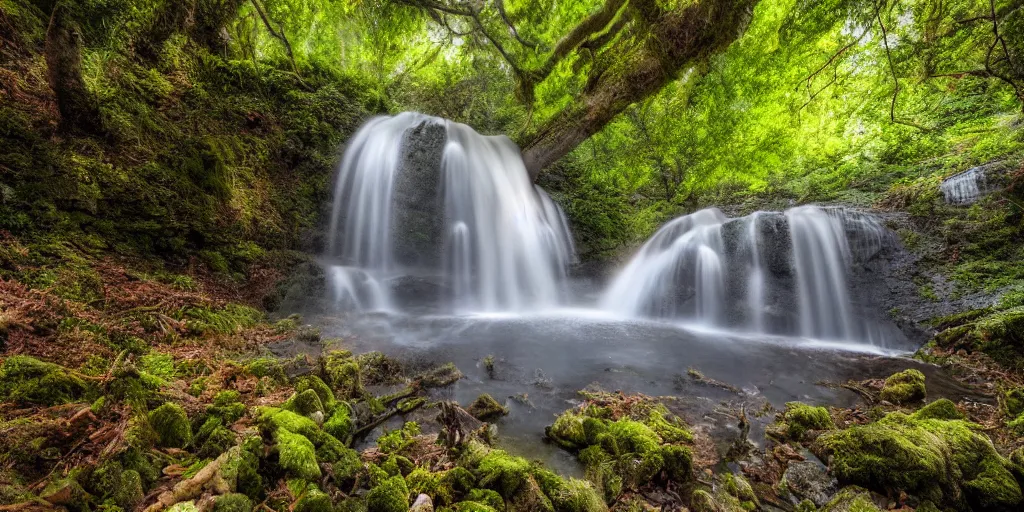 Image similar to a secret glade with waterfall, cinematic lighting, wide angle landscape photography, hyperrealistic, 8k