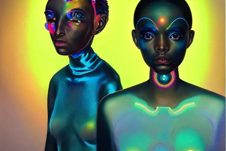 Image similar to patron saint of 🛸🌈👩🏾, futuristic clothing, neon god of city character portrait, in the style of margaret keane, moebius, tom bagshaw, and waterhouse, cinematic lighting, beautiful, elegant, oil painting,