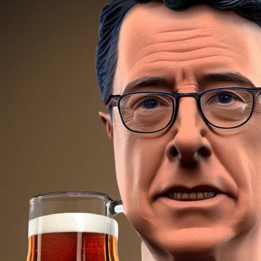 Prompt: stephen colbert face in a clear beer stein, 8 k, ultra realistic details