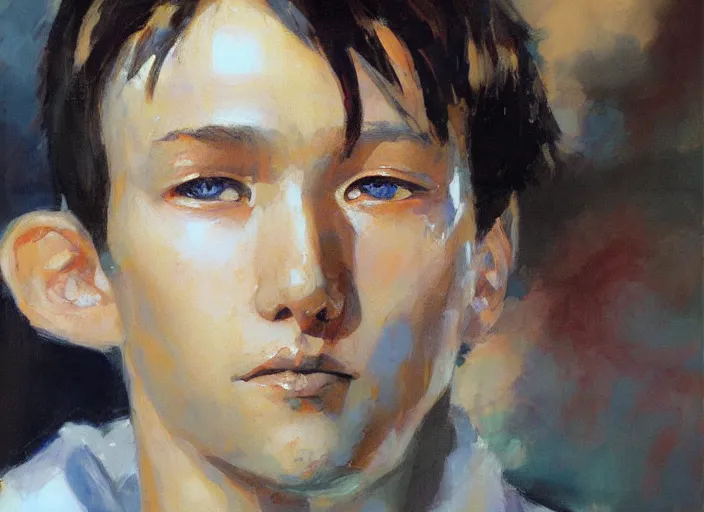 Prompt: a highly detailed beautiful portrait of shinji ikari by gregory manchess, james gurney, james jean