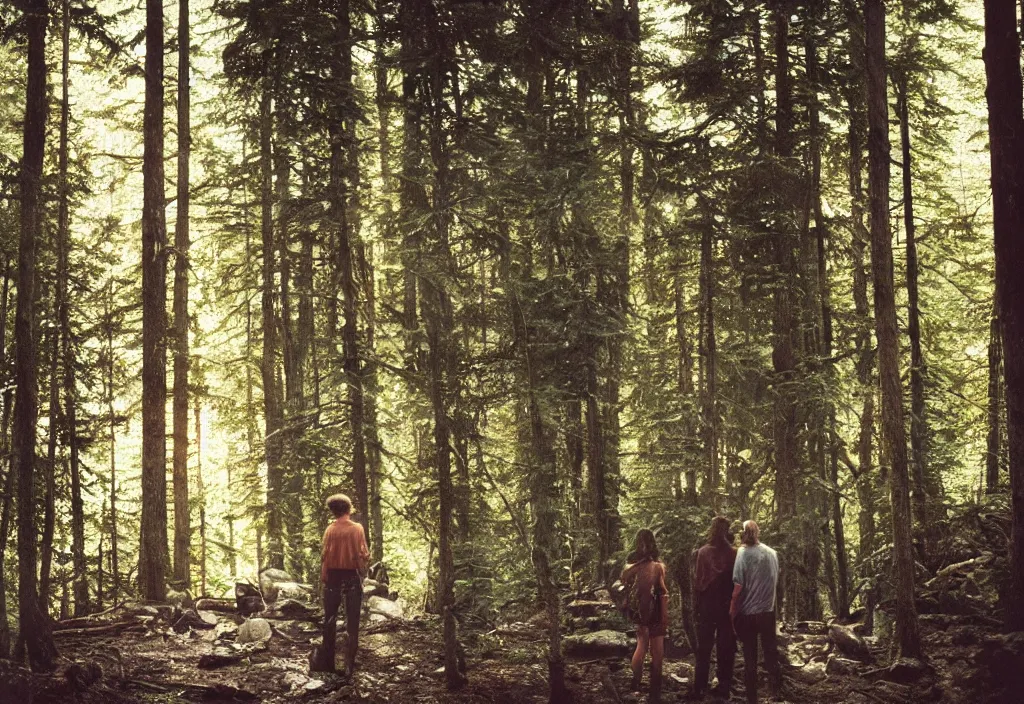 Image similar to lomo photo of two humans standing in front of a large forest cabin, cinestill, bokeh, out of focus, day, dramatic lighting