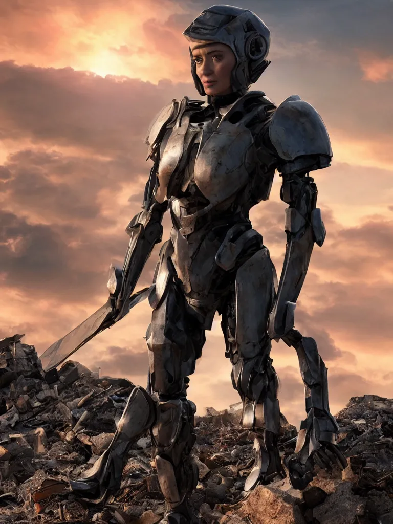 Image similar to emily blunt in futuristic power armor, close up portrait, solitary figure standing atop a pile of rubble, holding a sword on her shoulder, sunset and big clouds behind her