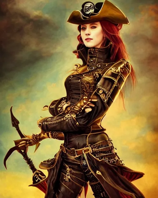 Image similar to a beautiful young female steampunk pirate wearing leather armor on gold and red trimmings on green, very cool pose, pirate ship with an epic sky background, slightly smiling, by Charlie Bowater Annie Leibovitz, zhuoxin ye, cinematic lighting and composition, fantasy painting, very detailed, ornate, 8k trending on artstation and pinterest, deviantart, google images