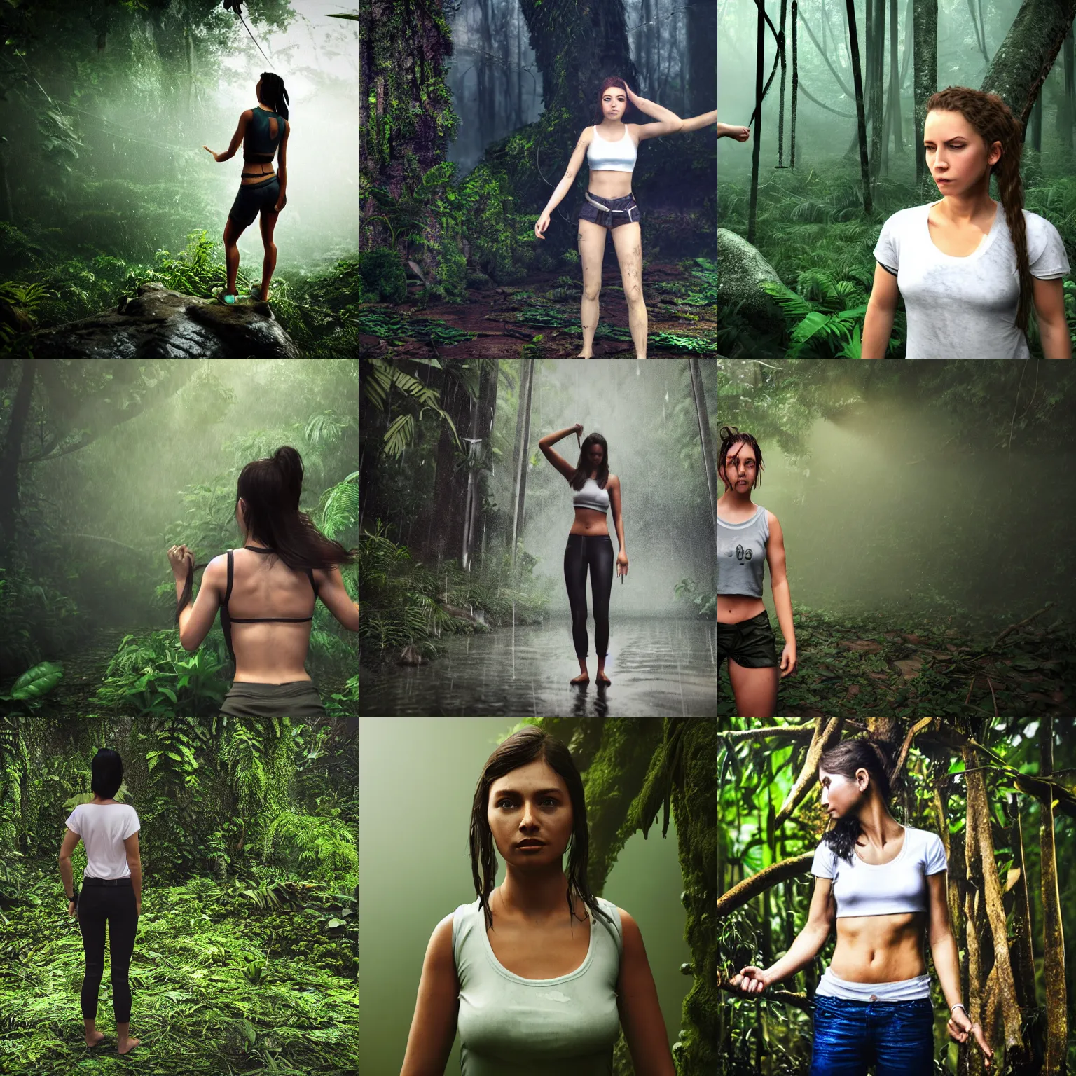 Prompt: adventure girl looks toward camera in jungle rain, soaking white!!!! tshirt tied in knot, torn!! clothing, fear, short dark hair, sweaty abs, evening, hyperrealistic, unreal engine 5, detailed render, atmospheric haze, dim natural lighting, mid distance