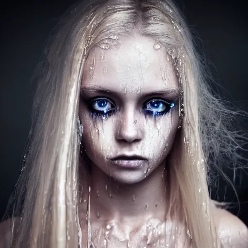 Image similar to A gorgeous blonde, grungy, unkept hair, glowing eyes, modelsociety, wet from rain, radiant skin, huge anime eyes, bright on black, dramatic, studio lighting, perfect face, intricate, Sony a7R IV, symmetric balance, polarizing filter, Photolab, Lightroom, 4K, Dolby Vision, Photography Award