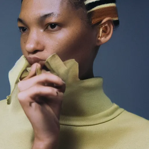 Prompt: realistic photoshooting for a new acne studio lookbook, color film photography, close up, interesting perspective, photo of a woman, photo in style of tyler mitchell, 3 5 mm,