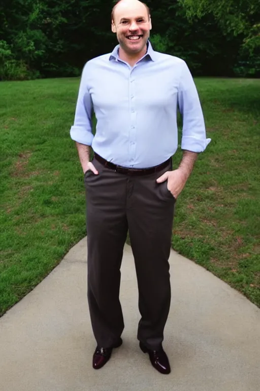 Prompt: full body color photograph of a balding, middle aged, brown haired, hairy, blue eyed, round faced, short white man who has thick legs, dressed in a white shirt, grey pants and black dress shoes, smiling at the camera with perfect, straight white teeth, full body portrait, head to toe
