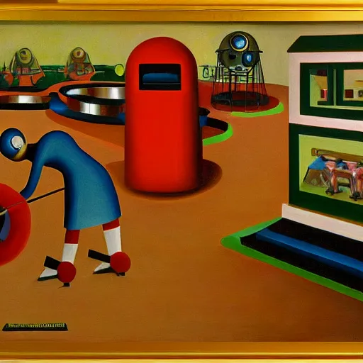 Image similar to infinite whack - a - mole with robots, grant wood, pj crook, edward hopper, oil on canvas