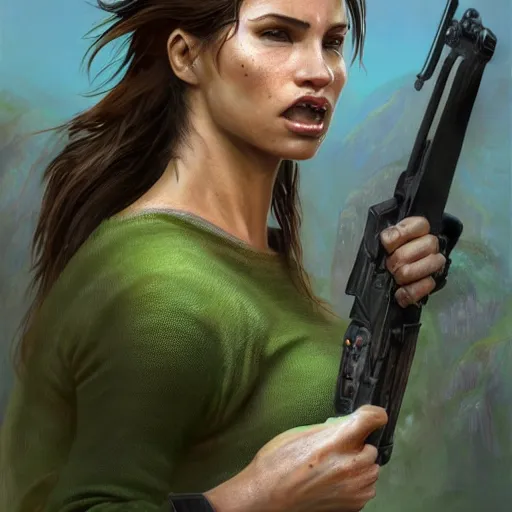 Image similar to Epic portrait, lara croft wearing an green sweater and having long flow hair, digital painting, artstation, concept art, soft light, hdri, smooth, sharp focus, illustration, fantasy, intricate, elegant, highly detailed, D&D, matte painting, in the style of Greg Rutkowski and Alphonse Mucha and artemisia, 8k,