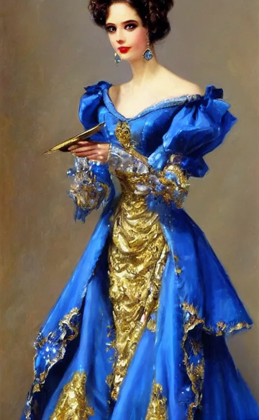 Image similar to Elegant laydy in blue robotic victorian dress with gold ornaments. By Konstantin Razumov, highly detailded